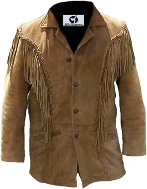100% Real Suede Western Style Leather Jacket for Sale Native American Coat Fringe (4XL, Design 1)