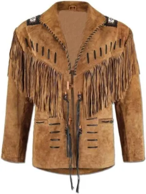 100% Real Suede Western Style Leather Jacket for Sale Native American Coat Fringe Black