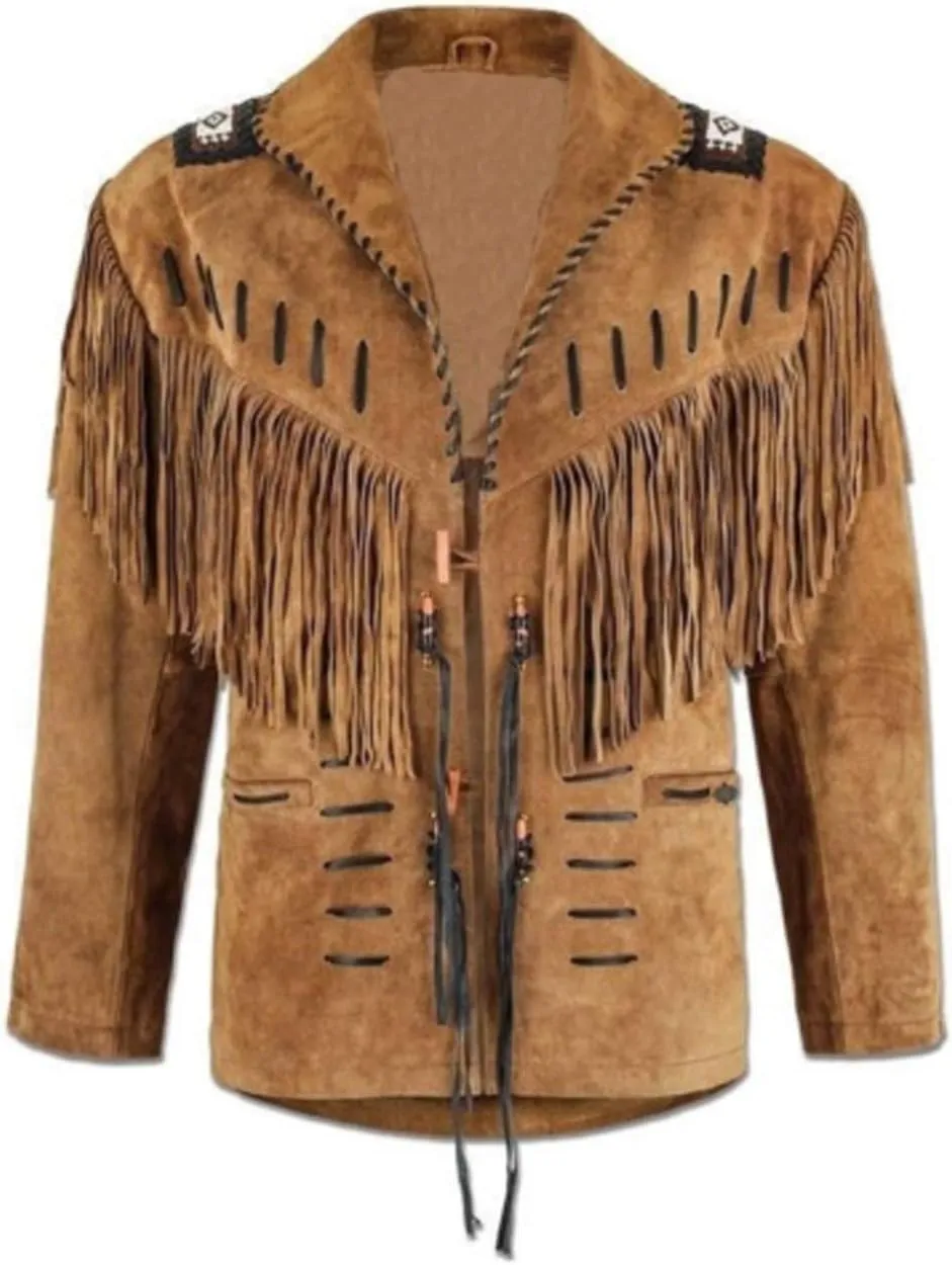 100% Real Suede Western Style Leather Jacket for Sale Native American Coat Fringe Black