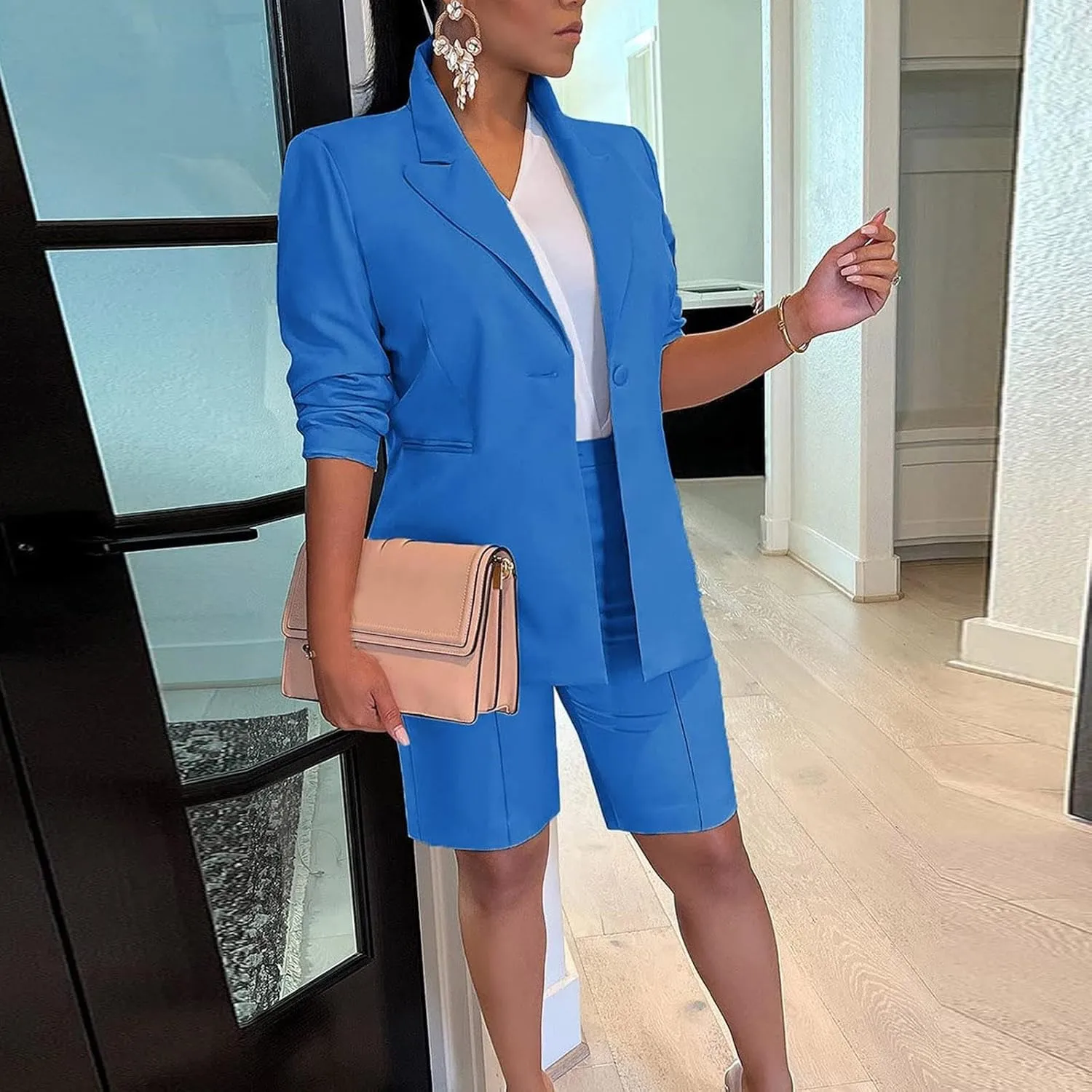 2 Piece Outfits for Women Open Front Long Sleeve Solid Color Blazer and High Waist Bermuda Short Suits with Pockets