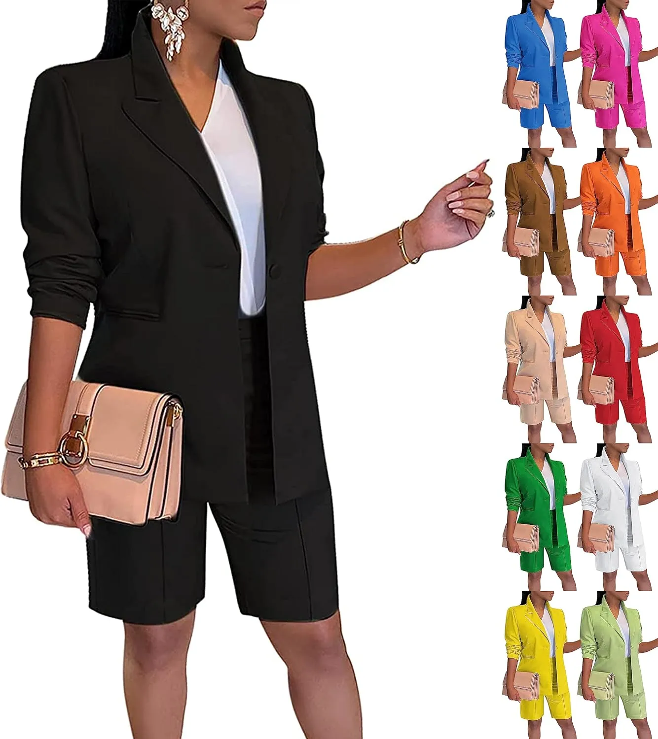 2 Piece Outfits for Women Open Front Long Sleeve Solid Color Blazer and High Waist Bermuda Short Suits with Pockets