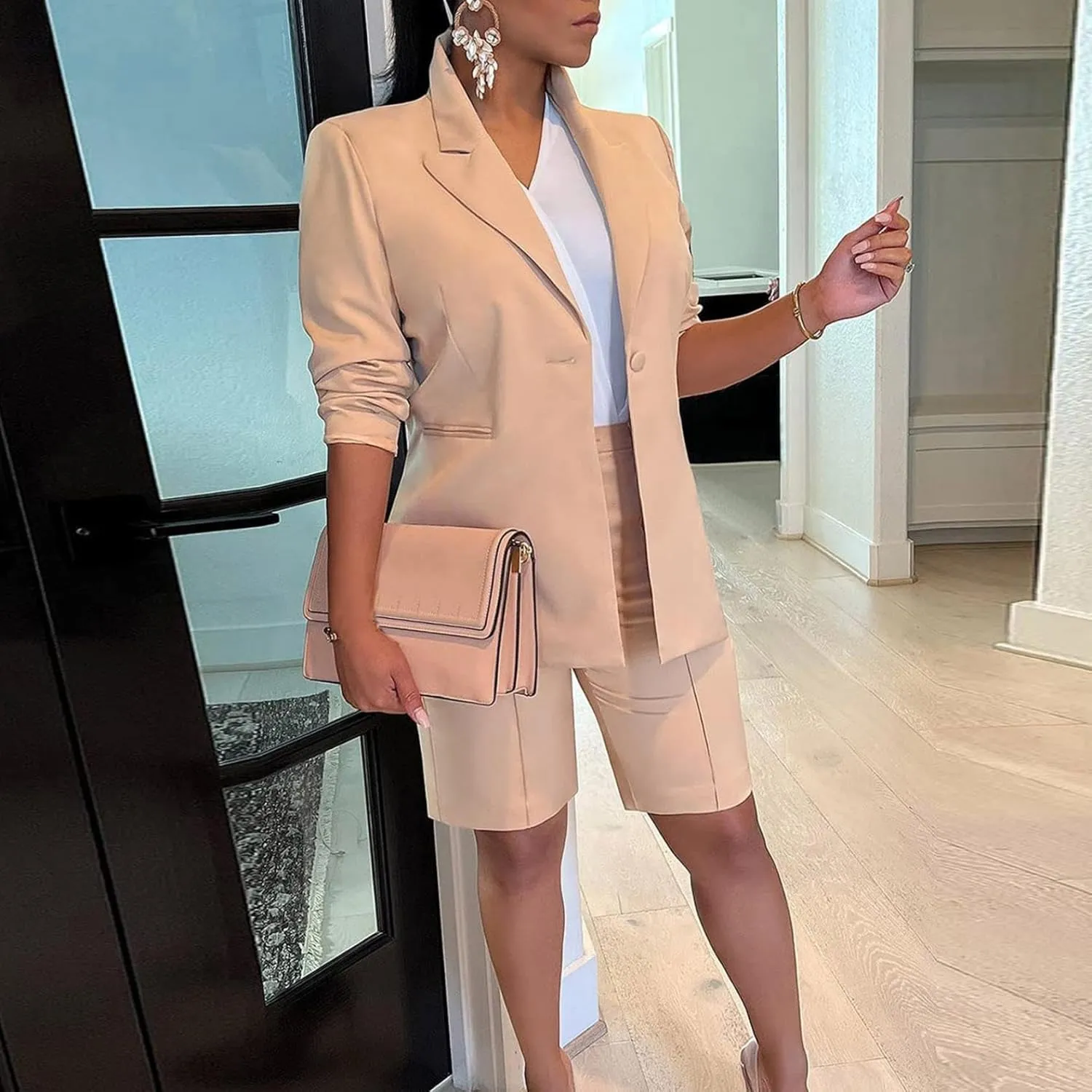 2 Piece Outfits for Women Open Front Long Sleeve Solid Color Blazer and High Waist Bermuda Short Suits with Pockets