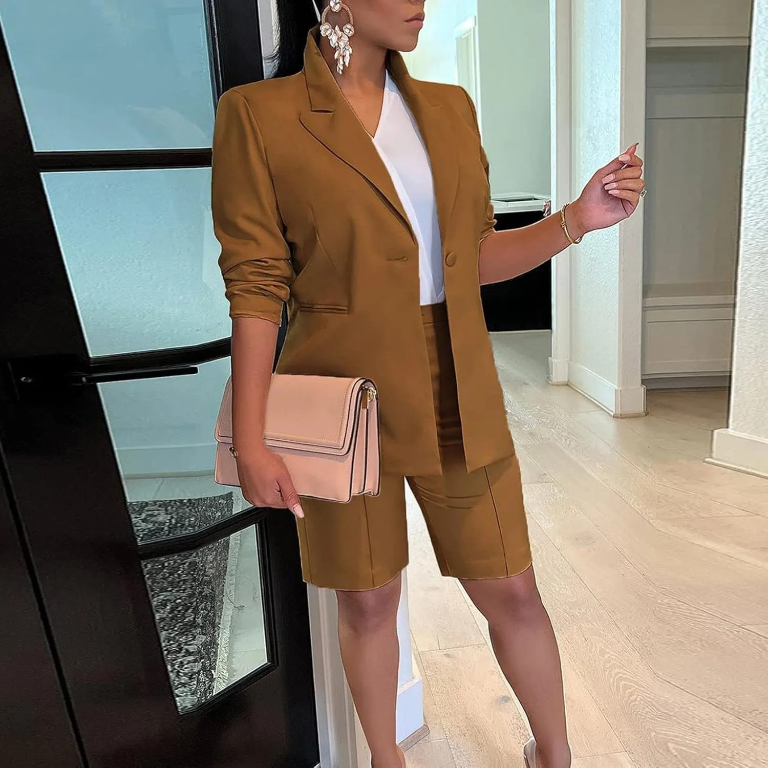 2 Piece Outfits for Women Open Front Long Sleeve Solid Color Blazer and High Waist Bermuda Short Suits with Pockets