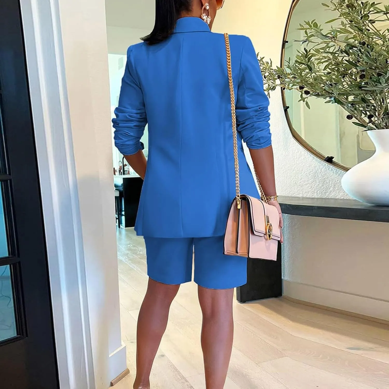 2 Piece Outfits for Women Open Front Long Sleeve Solid Color Blazer and High Waist Bermuda Short Suits with Pockets