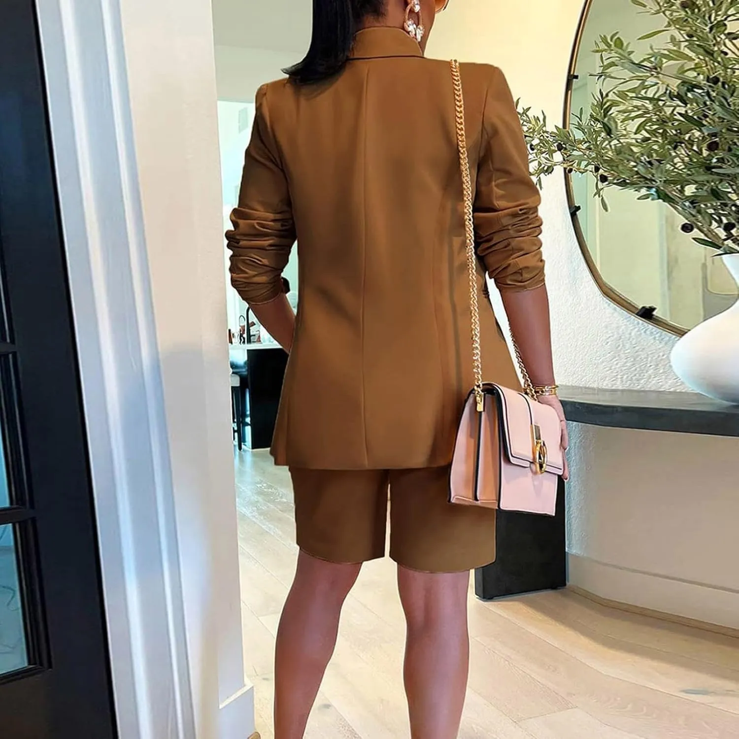 2 Piece Outfits for Women Open Front Long Sleeve Solid Color Blazer and High Waist Bermuda Short Suits with Pockets