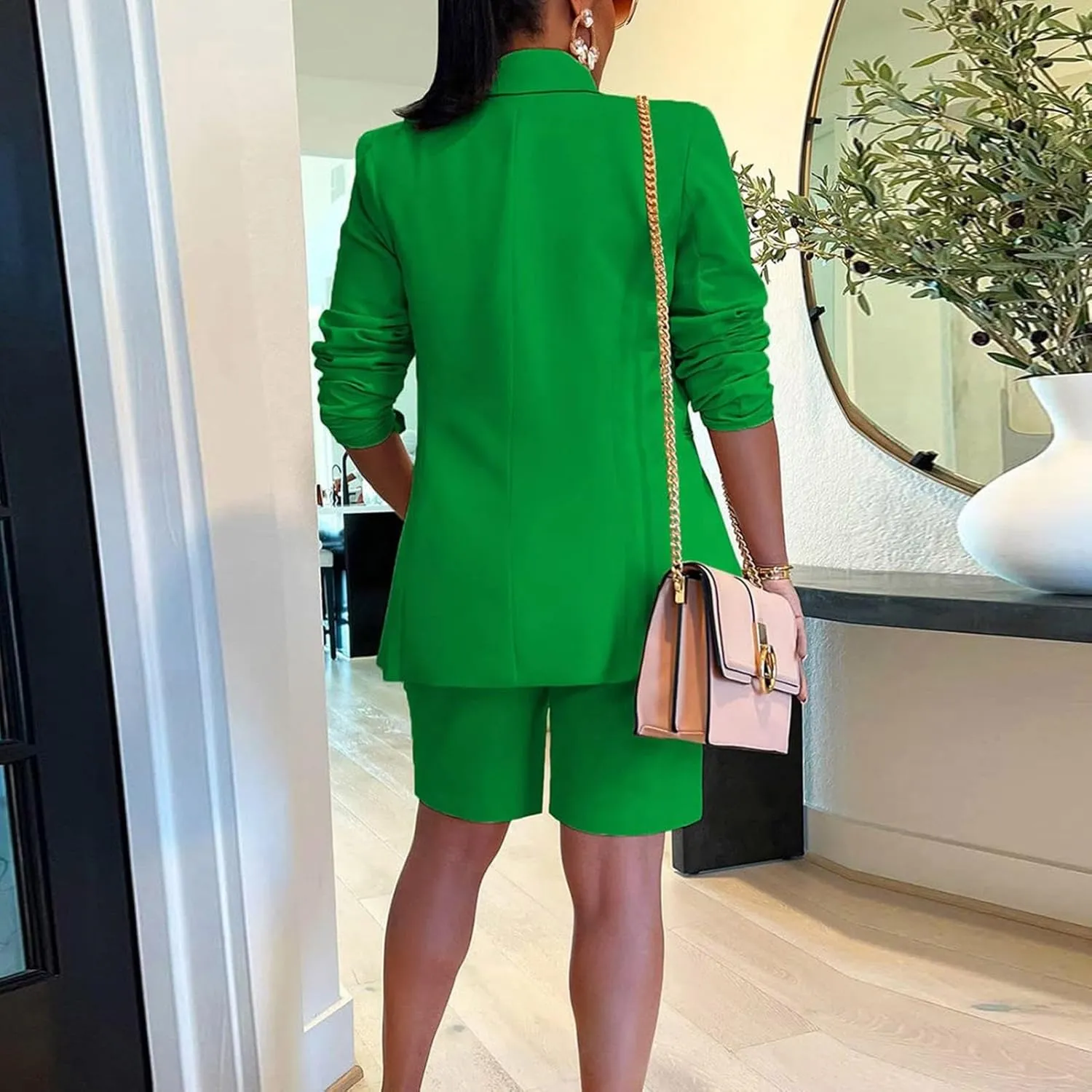 2 Piece Outfits for Women Open Front Long Sleeve Solid Color Blazer and High Waist Bermuda Short Suits with Pockets