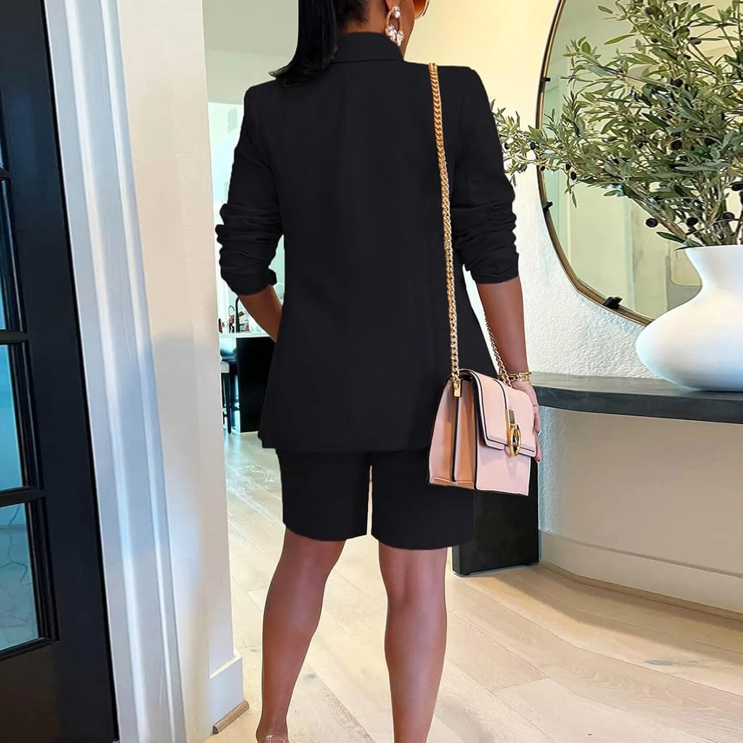 2 Piece Outfits for Women Open Front Long Sleeve Solid Color Blazer and High Waist Bermuda Short Suits with Pockets
