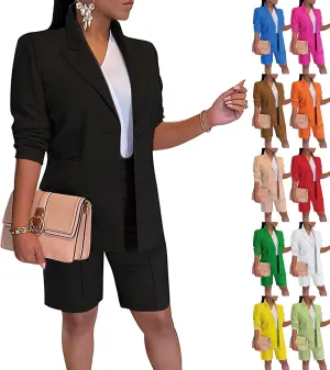 2 Piece Outfits for Women Open Front Long Sleeve Solid Color Blazer and High Waist Bermuda Short Suits with Pockets