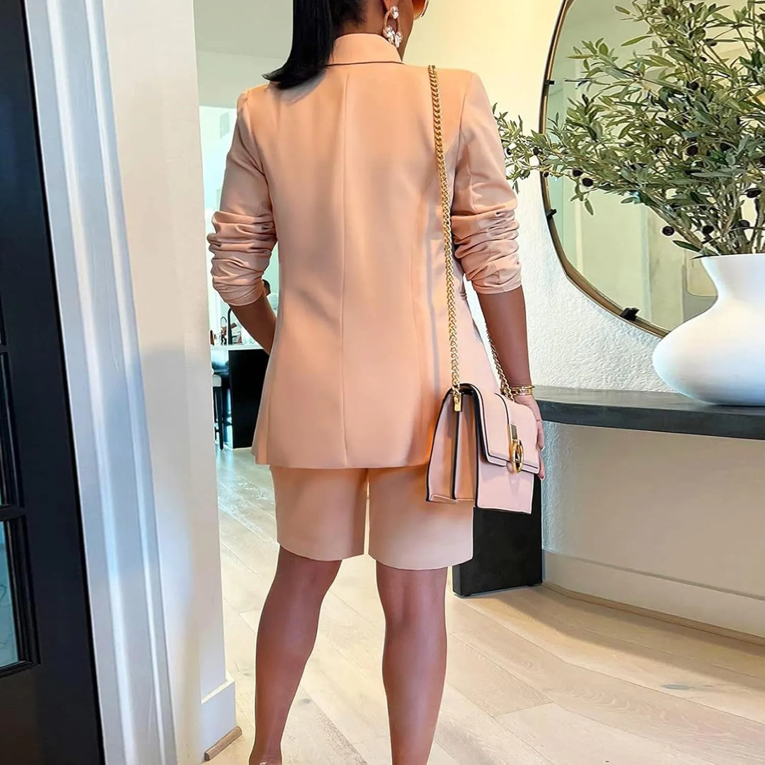 2 Piece Outfits for Women Open Front Long Sleeve Solid Color Blazer and High Waist Bermuda Short Suits with Pockets
