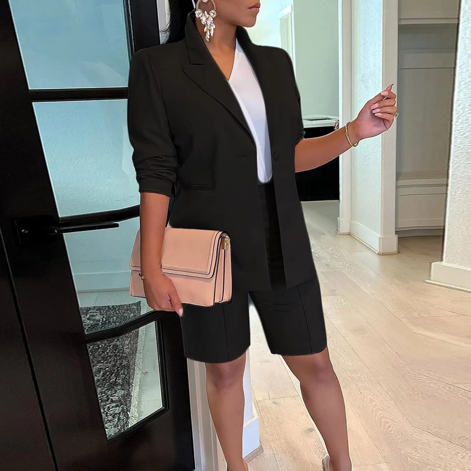 2 Piece Outfits for Women Open Front Long Sleeve Solid Color Blazer and High Waist Bermuda Short Suits with Pockets