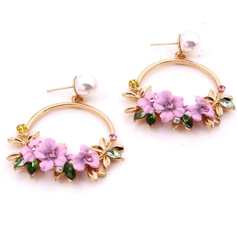 2018 fashion new women's brand earrings elegant inlaid pearl big flower earrings summer fresh and lovely round jewelry gifts