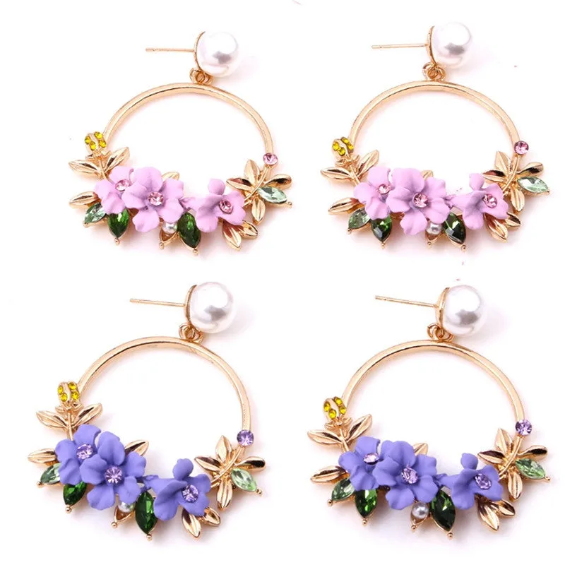 2018 fashion new women's brand earrings elegant inlaid pearl big flower earrings summer fresh and lovely round jewelry gifts