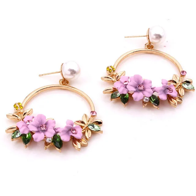 2018 fashion new women's brand earrings elegant inlaid pearl big flower earrings summer fresh and lovely round jewelry gifts