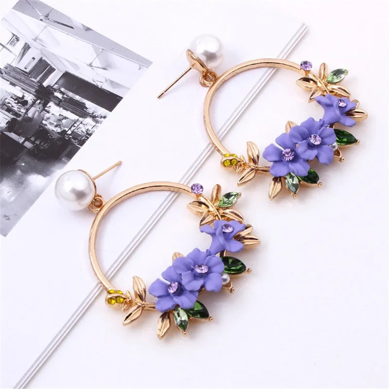 2018 fashion new women's brand earrings elegant inlaid pearl big flower earrings summer fresh and lovely round jewelry gifts