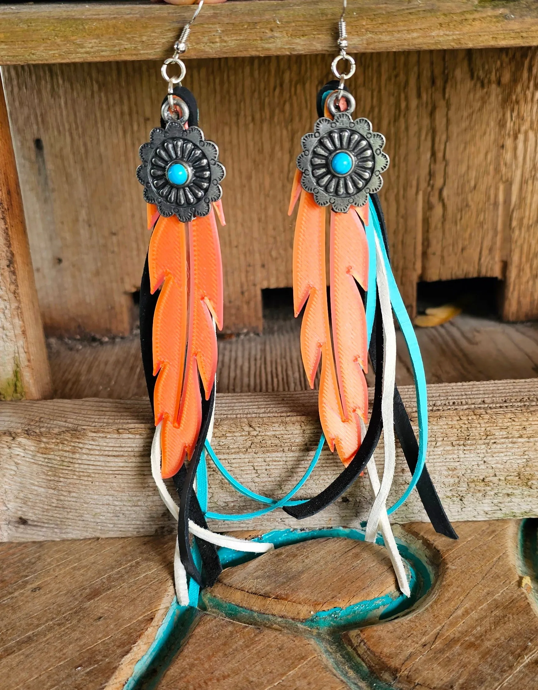 3D Print Feather Concho Leather Fringe Boho Earrings Made in America