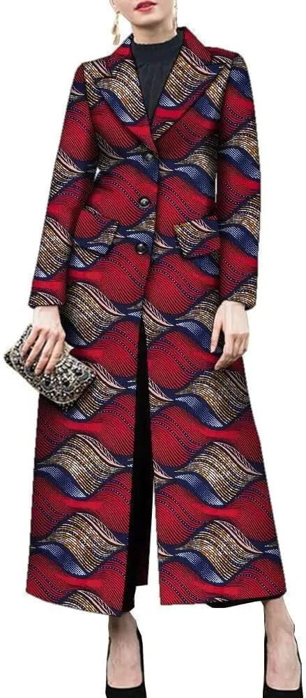 ABCWAX Women African Printed Cameo Collar Trench Ankala Traditional Women Jacket Dress Fall Winter Coat