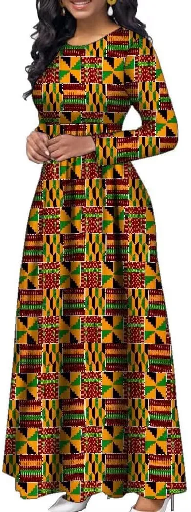 African Dresses for Women Long Sleeve Long Skirt Traditional Ankara Kente Print Casual