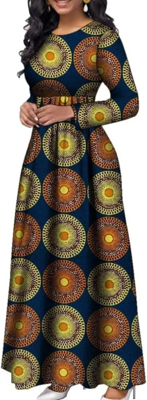 African Dresses for Women Long Sleeve Long Skirt Traditional Ankara Kente Print Casual