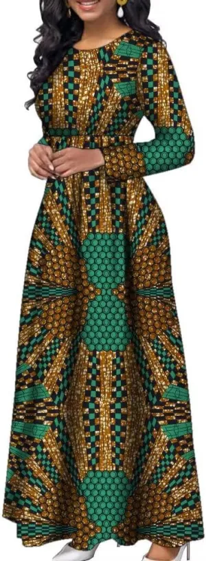 African Dresses for Women Long Sleeve Long Skirt Traditional Ankara Kente Print Casual
