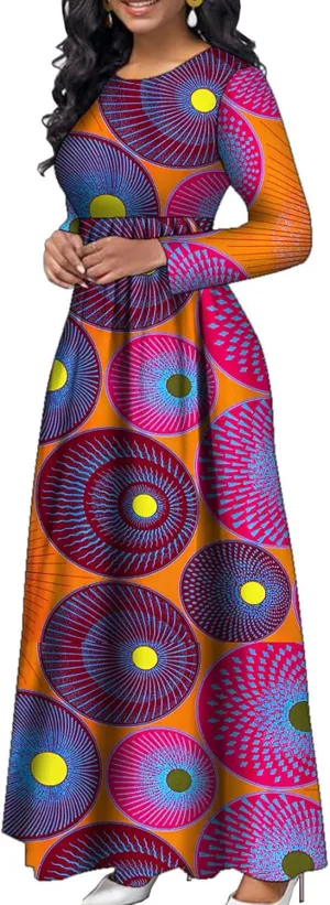 African Dresses for Women Long Sleeve Long Skirt Traditional Ankara Kente Print Casual