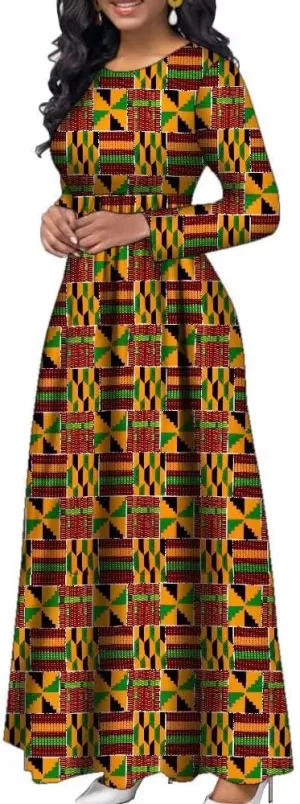 African Dresses for Women Long Sleeve Long Skirt Traditional Ankara Kente Print Casual