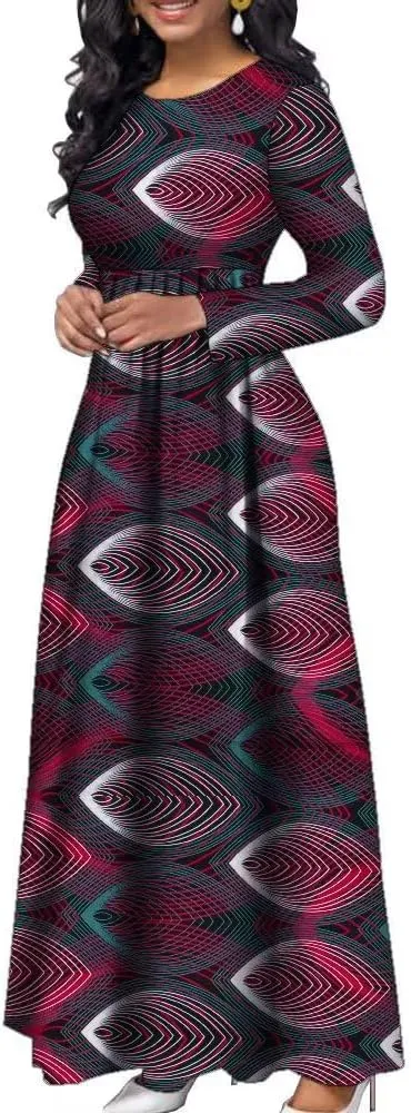 African Dresses for Women Long Sleeve Long Skirt Traditional Ankara Kente Print Casual
