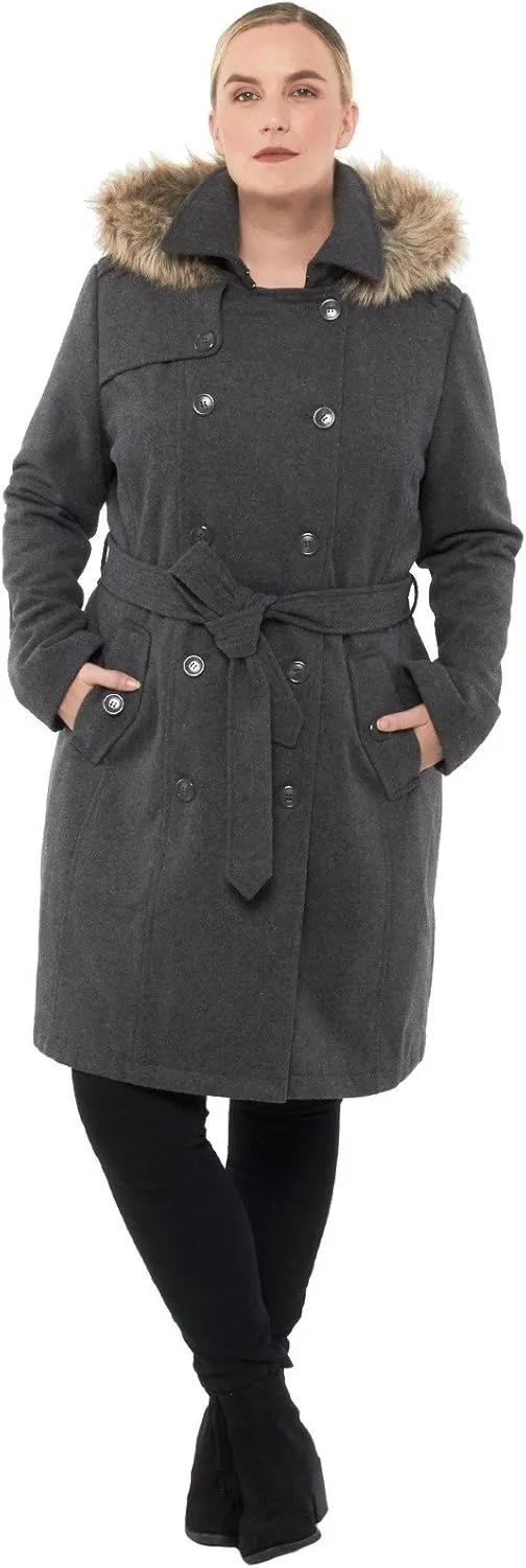 Alpine Swiss Womens Parka Trench Pea Coat Belt Jacket Fur Hood Reg & Plus Sizes