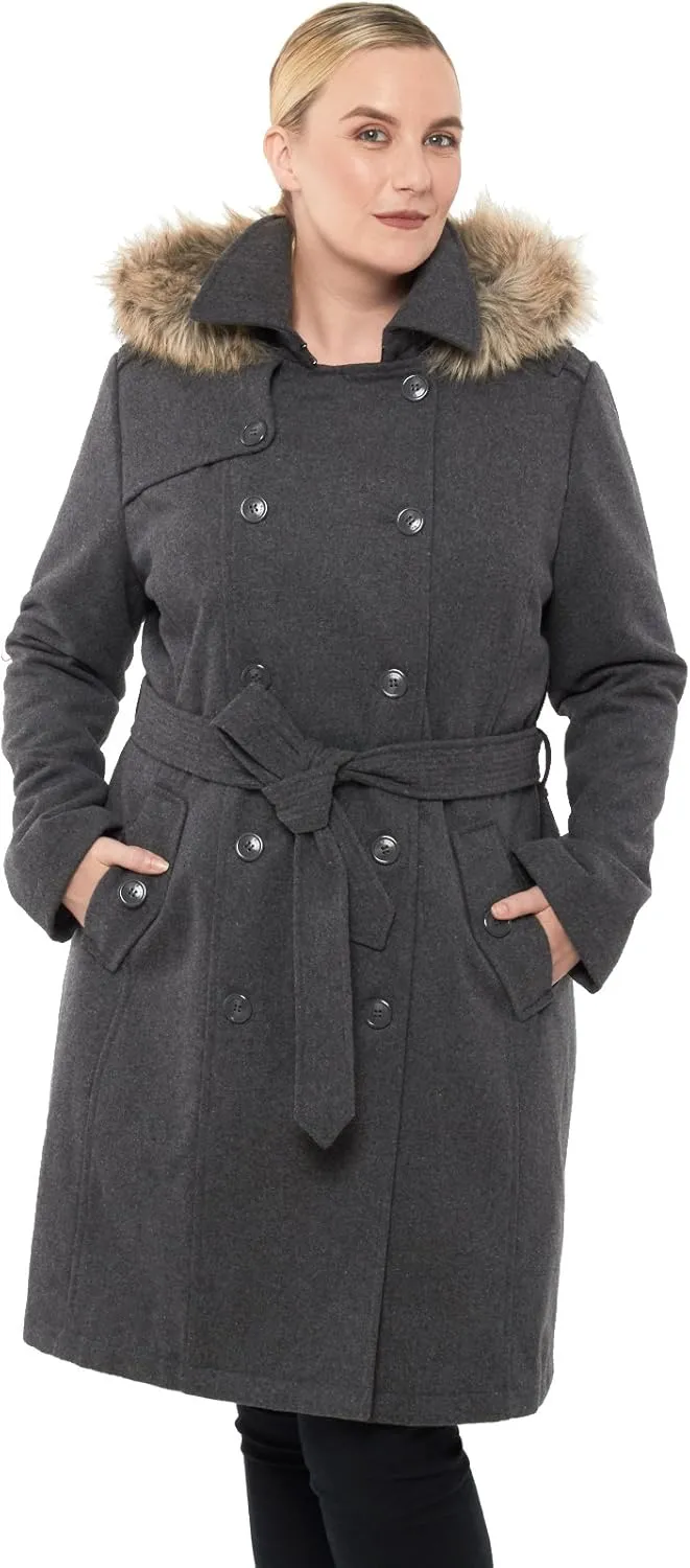 Alpine Swiss Womens Parka Trench Pea Coat Belt Jacket Fur Hood Reg & Plus Sizes