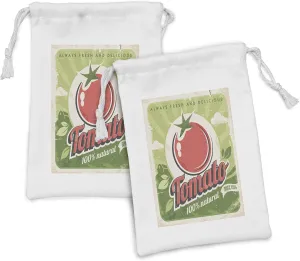 Ambesonne Vintage Fabric Pouch Set of 2, Retro Tomato Poster an Antique Paper Print in Contemporary Graphic Design, Small Drawstring Bag for Toiletries Masks and Favors, 9" x 6", Green Red