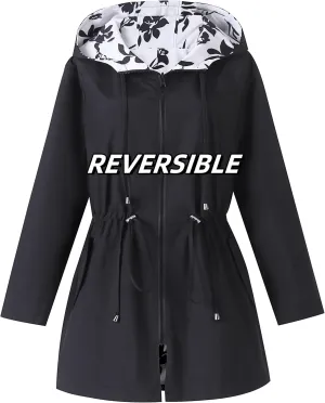 AOVDE Women's Rain Jacket Plus Size: Waterproof Raincoat Reversible Lightweight Windbreaker Jackets with Hooded