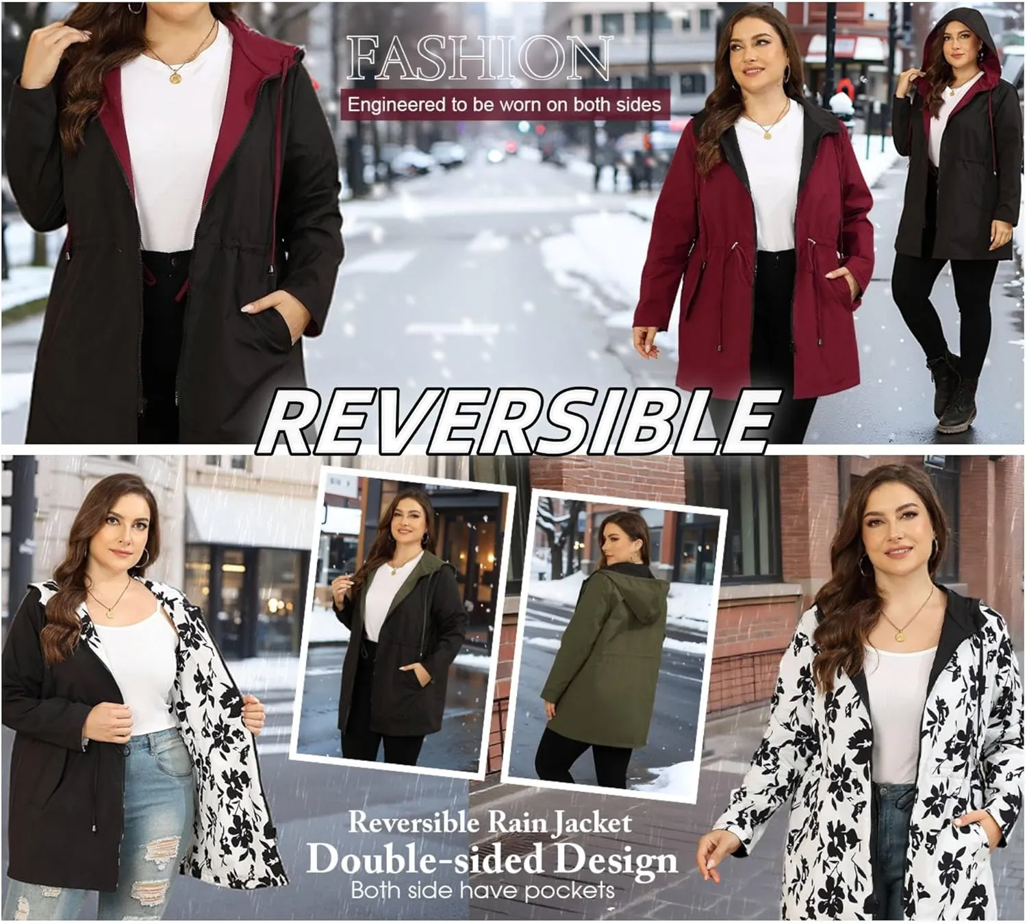 AOVDE Women's Rain Jacket Plus Size: Waterproof Raincoat Reversible Lightweight Windbreaker Jackets with Hooded