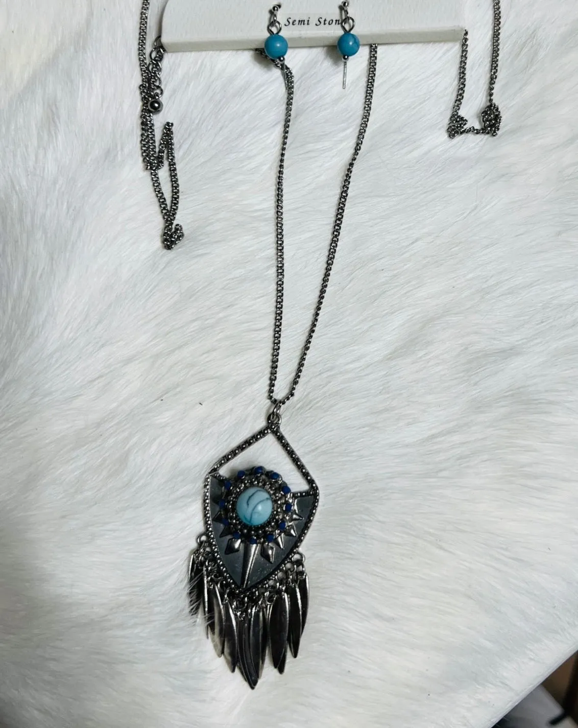 Arrowhead Necklace with Feather Charms and Mini Semi-Stone Earrings