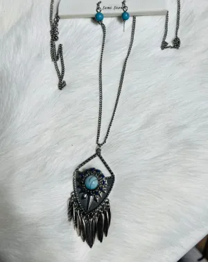 Arrowhead Necklace with Feather Charms and Mini Semi-Stone Earrings