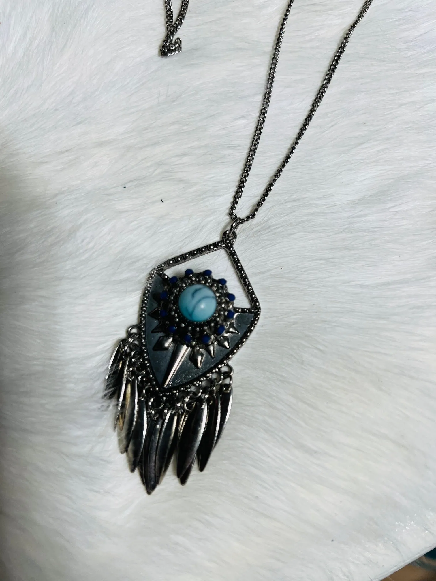Arrowhead Necklace with Feather Charms and Mini Semi-Stone Earrings