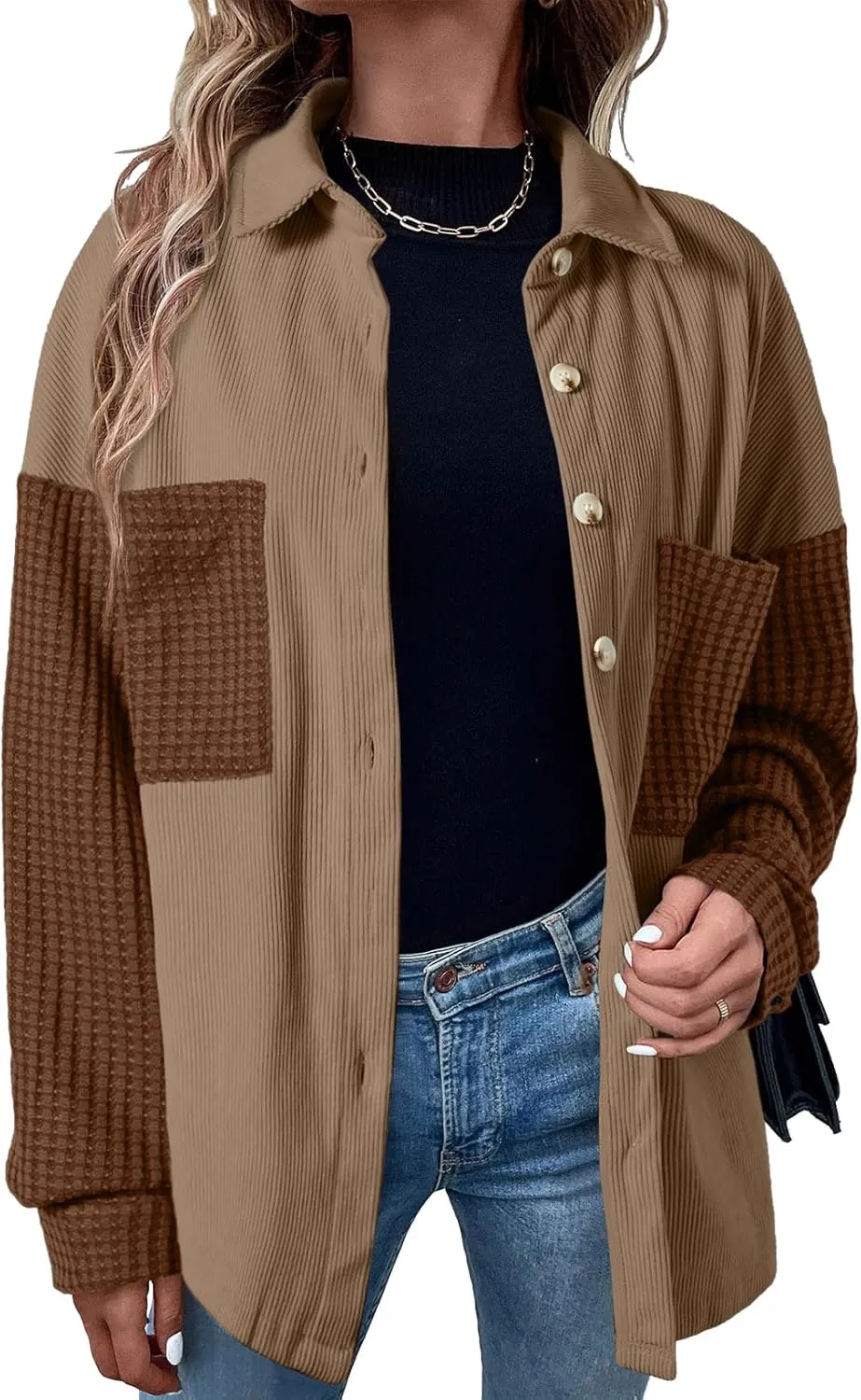 Astylish Womens 2024 Corduroy Shacket Color Block Waffle Jackets Casual Long Sleeve Button Down Shirts Coat