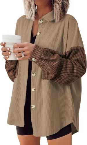 Astylish Womens 2024 Corduroy Shacket Color Block Waffle Jackets Casual Long Sleeve Button Down Shirts Coat