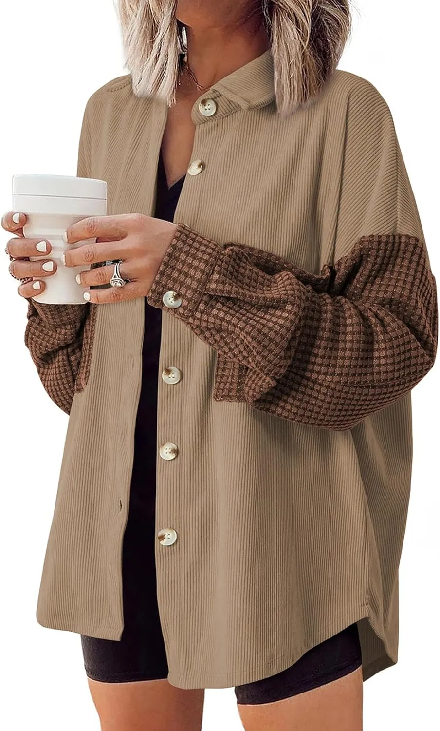 Astylish Womens 2024 Corduroy Shacket Color Block Waffle Jackets Casual Long Sleeve Button Down Shirts Coat