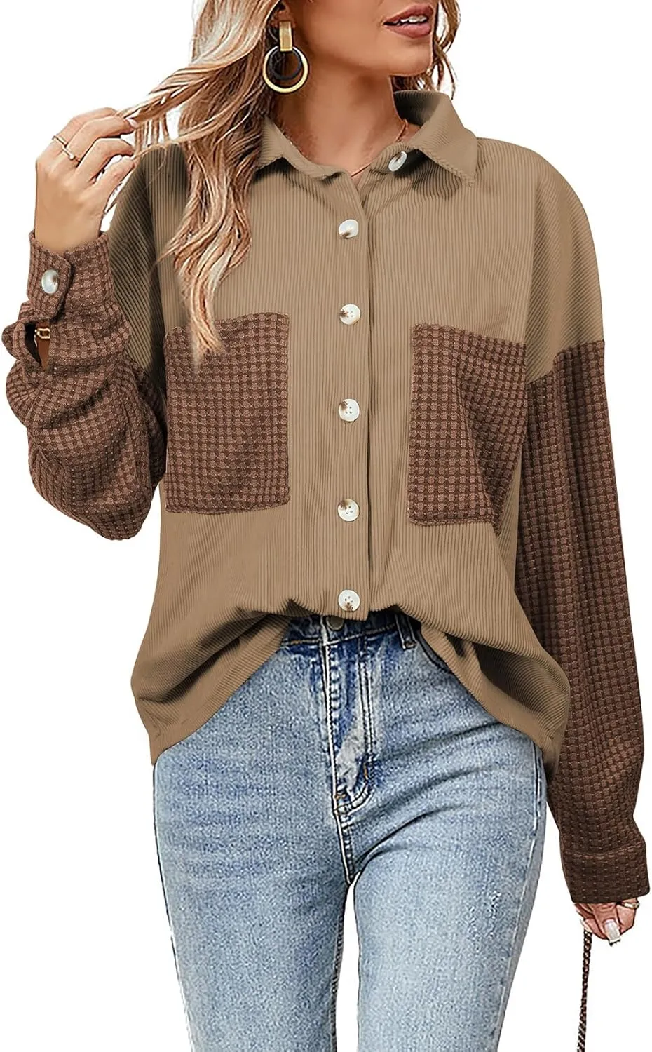 Astylish Womens 2024 Corduroy Shacket Color Block Waffle Jackets Casual Long Sleeve Button Down Shirts Coat