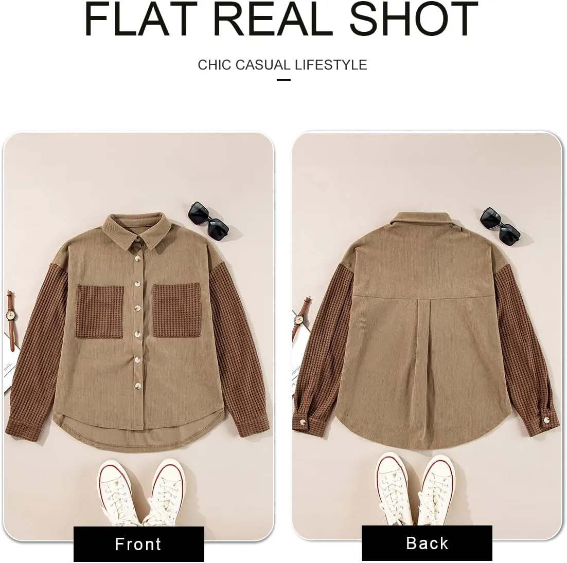 Astylish Womens 2024 Corduroy Shacket Color Block Waffle Jackets Casual Long Sleeve Button Down Shirts Coat