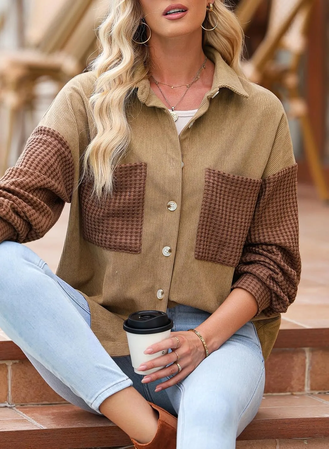Astylish Womens 2024 Corduroy Shacket Color Block Waffle Jackets Casual Long Sleeve Button Down Shirts Coat