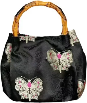 Bamboo Handle Purse for Woman Retro Butterfly Embroidery Handbag Vintage Purses Lightweight Soft Elegant Bucket Bag
