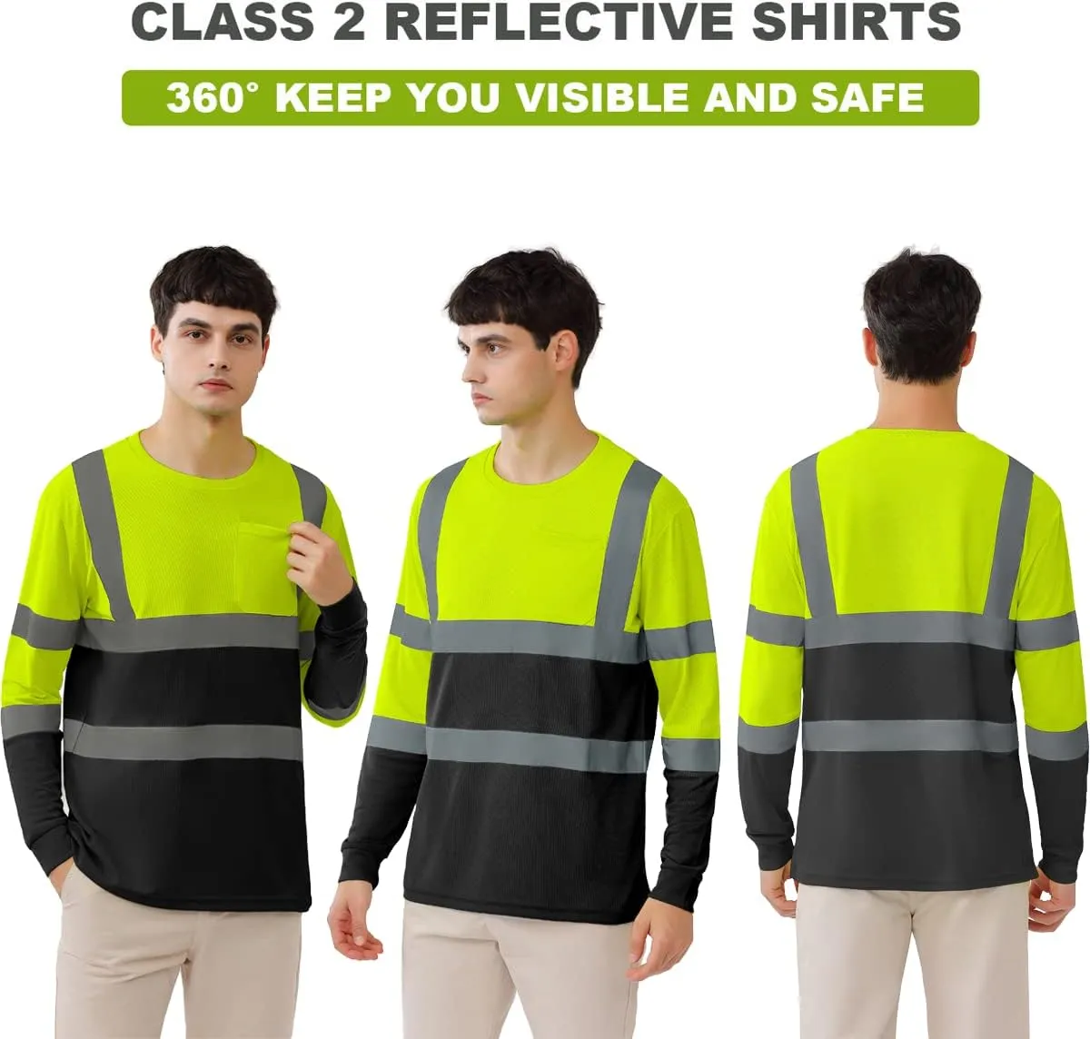 BeautyWill High Visibility Shirts Long Sleeve Class 2 Reflective Shirts ANSI with Pocket Safety Shirts for Men and Women