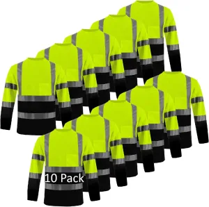 BeautyWill High Visibility Shirts Long Sleeve Class 2 Reflective Shirts ANSI with Pocket Safety Shirts for Men and Women
