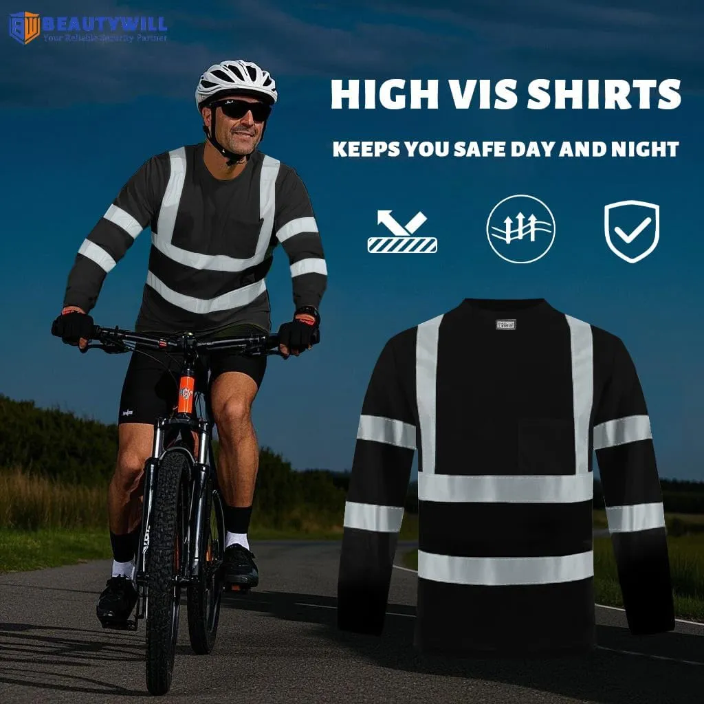 BeautyWill High Visibility Shirts Long Sleeve Class 2 Reflective Shirts ANSI with Pocket Safety Shirts for Men and Women