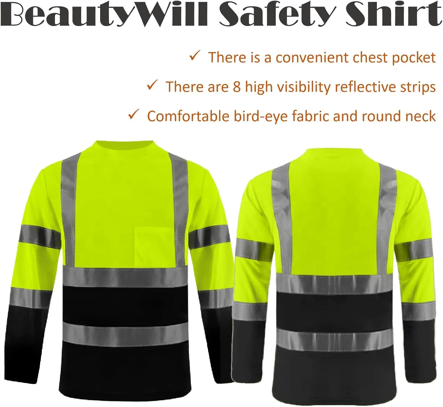 BeautyWill High Visibility Shirts Long Sleeve Class 2 Reflective Shirts ANSI with Pocket Safety Shirts for Men and Women