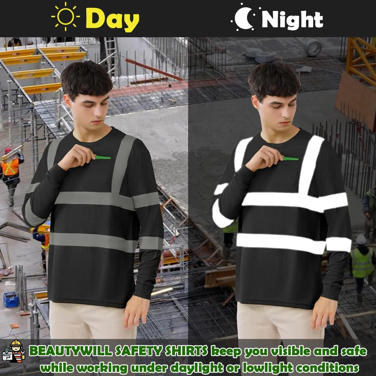 BeautyWill High Visibility Shirts Long Sleeve Class 2 Reflective Shirts ANSI with Pocket Safety Shirts for Men and Women