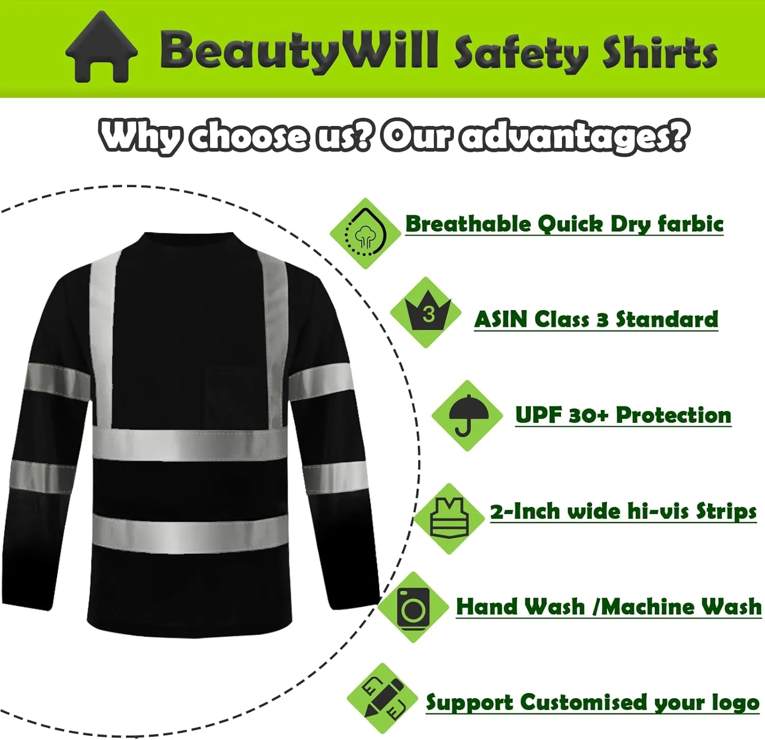 BeautyWill High Visibility Shirts Long Sleeve Class 2 Reflective Shirts ANSI with Pocket Safety Shirts for Men and Women