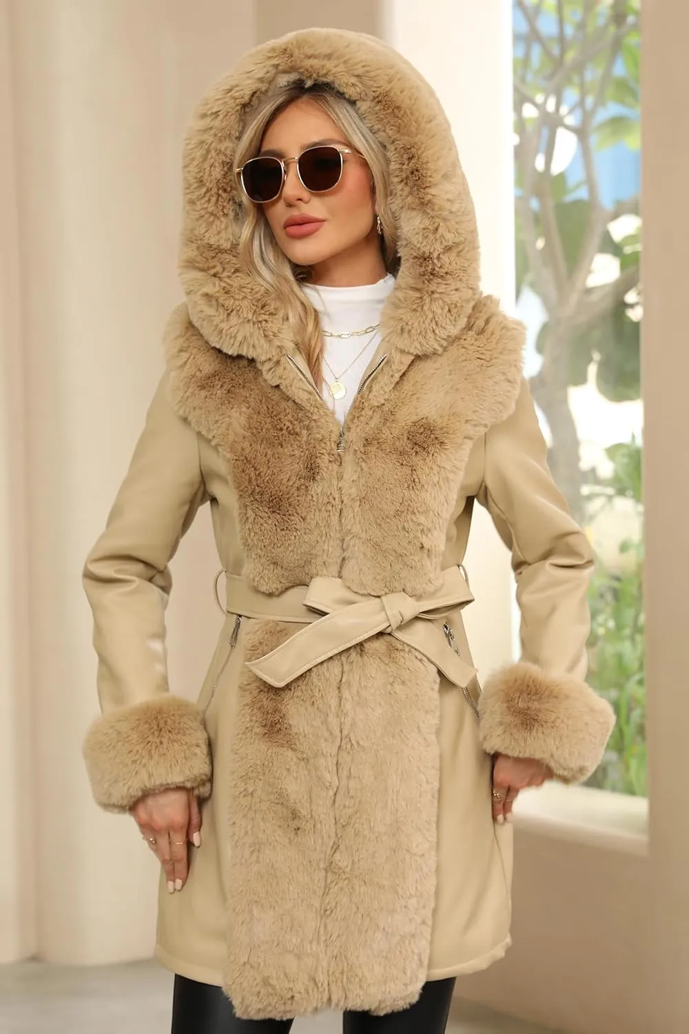 Bellivera Women's Faux Leather Fleece Lined Coat Winter Hooded Zip-up Parka with Belt