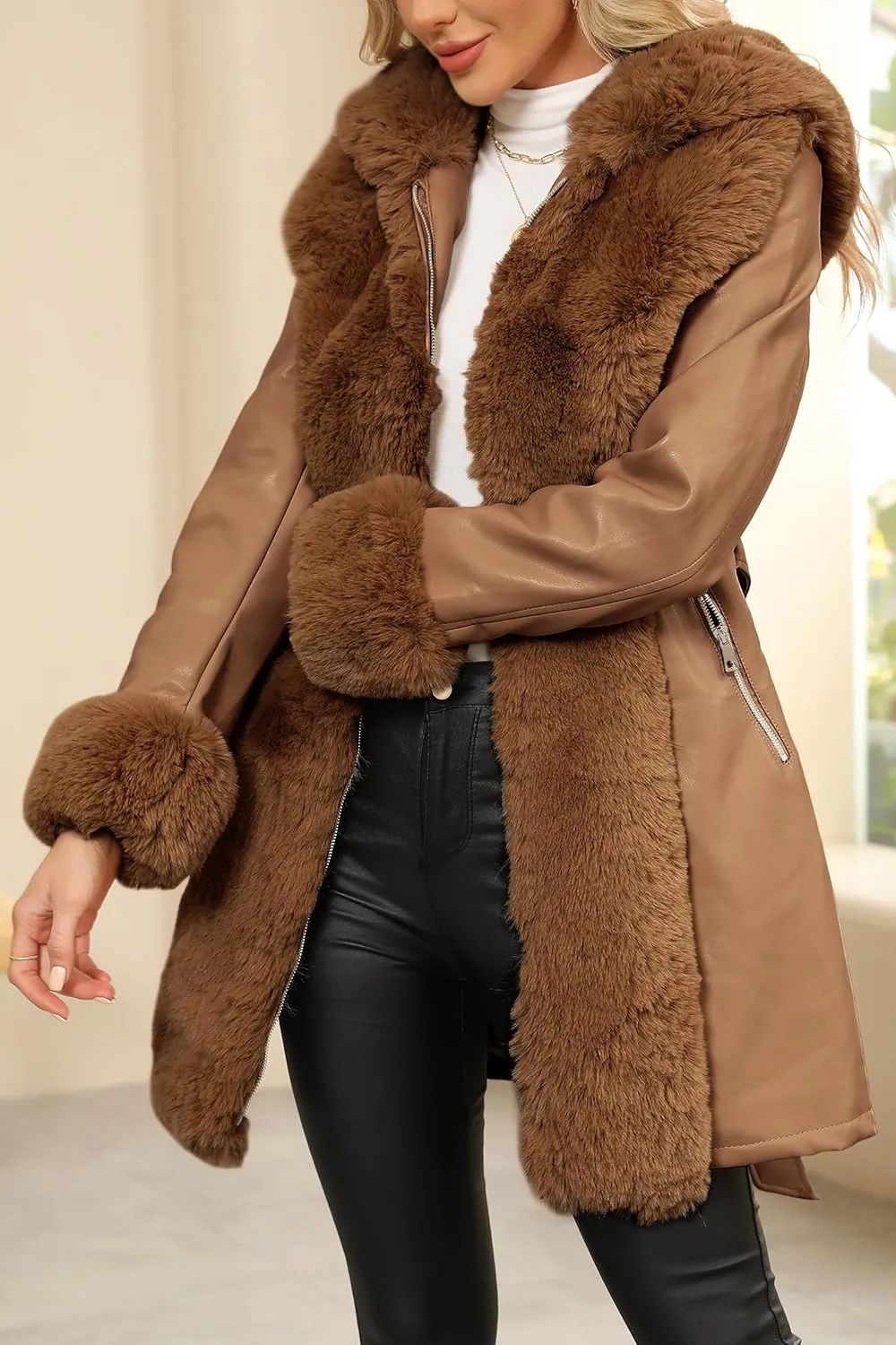 Bellivera Women's Faux Leather Fleece Lined Coat Winter Hooded Zip-up Parka with Belt