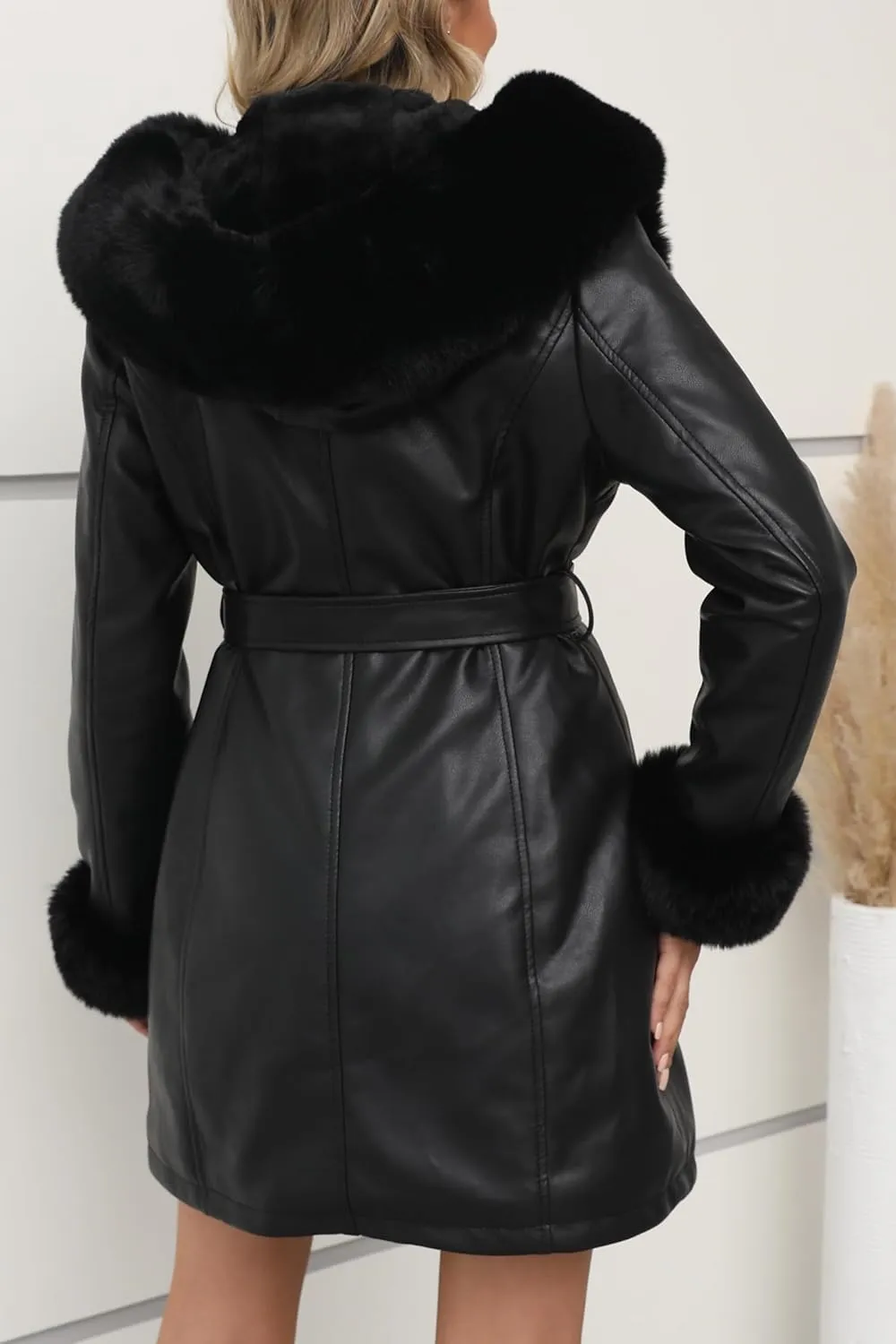 Bellivera Women's Faux Leather Fleece Lined Coat Winter Hooded Zip-up Parka with Belt